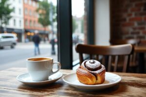 kaffe och kanelbulle på cafe i Jönköping